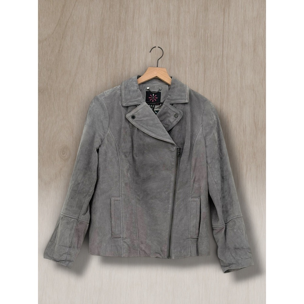 Isaac Mizrahi Live! Grey Suede Moto Biker Leather Jacket Size 10